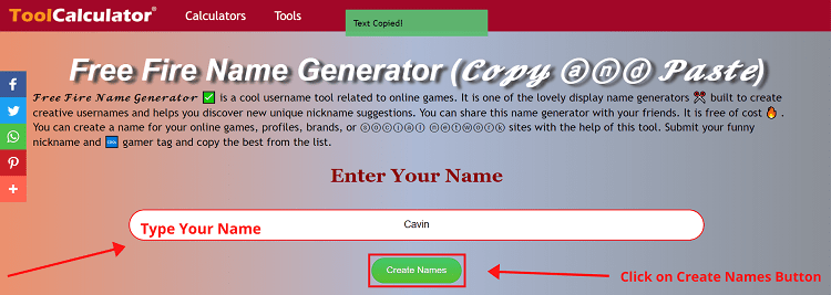 Free Fire Name Generator Input